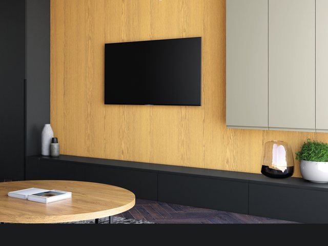Home / Painel de TV em madeira Azul Sereno com puxador perfil, Moveleiros