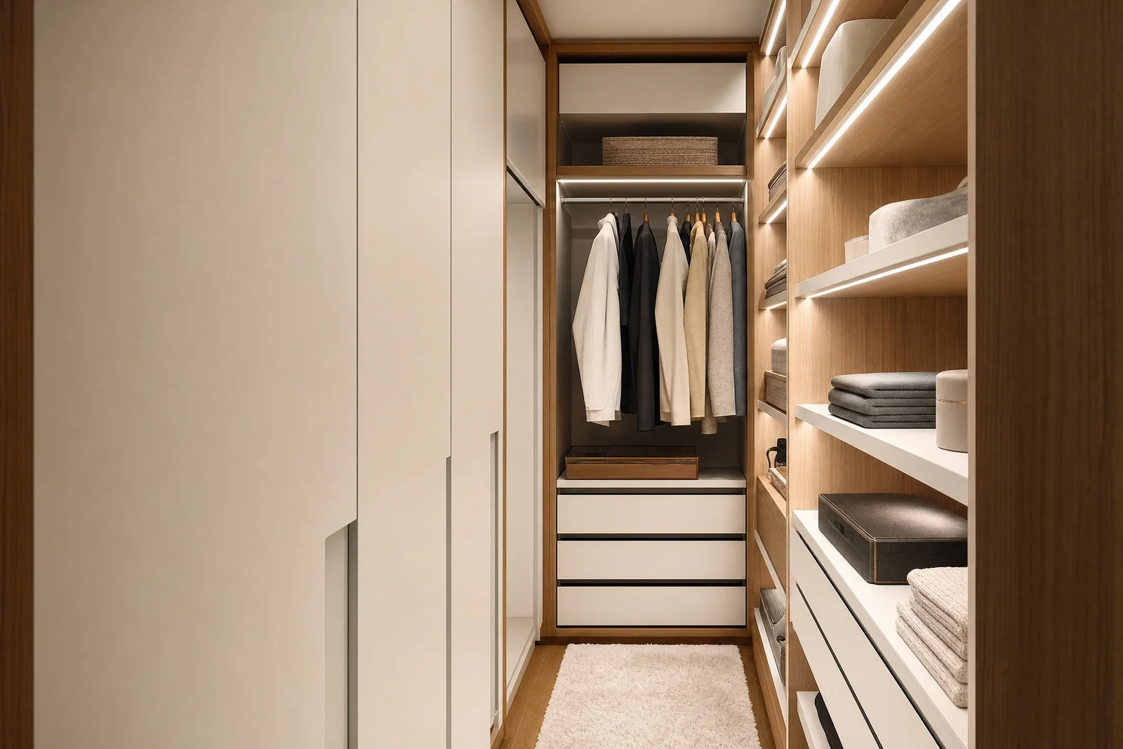 closet planejado pequeno em madeira, projeto Moveleiros