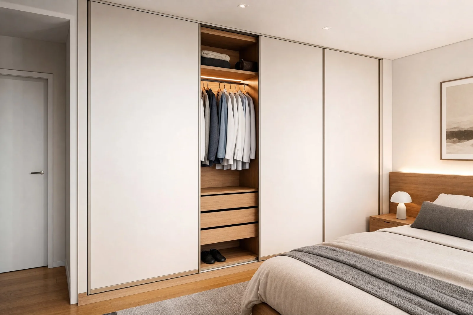 guarda roupa planejado embutido em madeira, projeto Moveleiros
