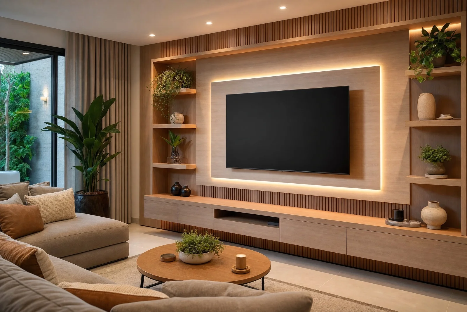 painel de tv planejado para sala em madeira, projeto Moveleiros