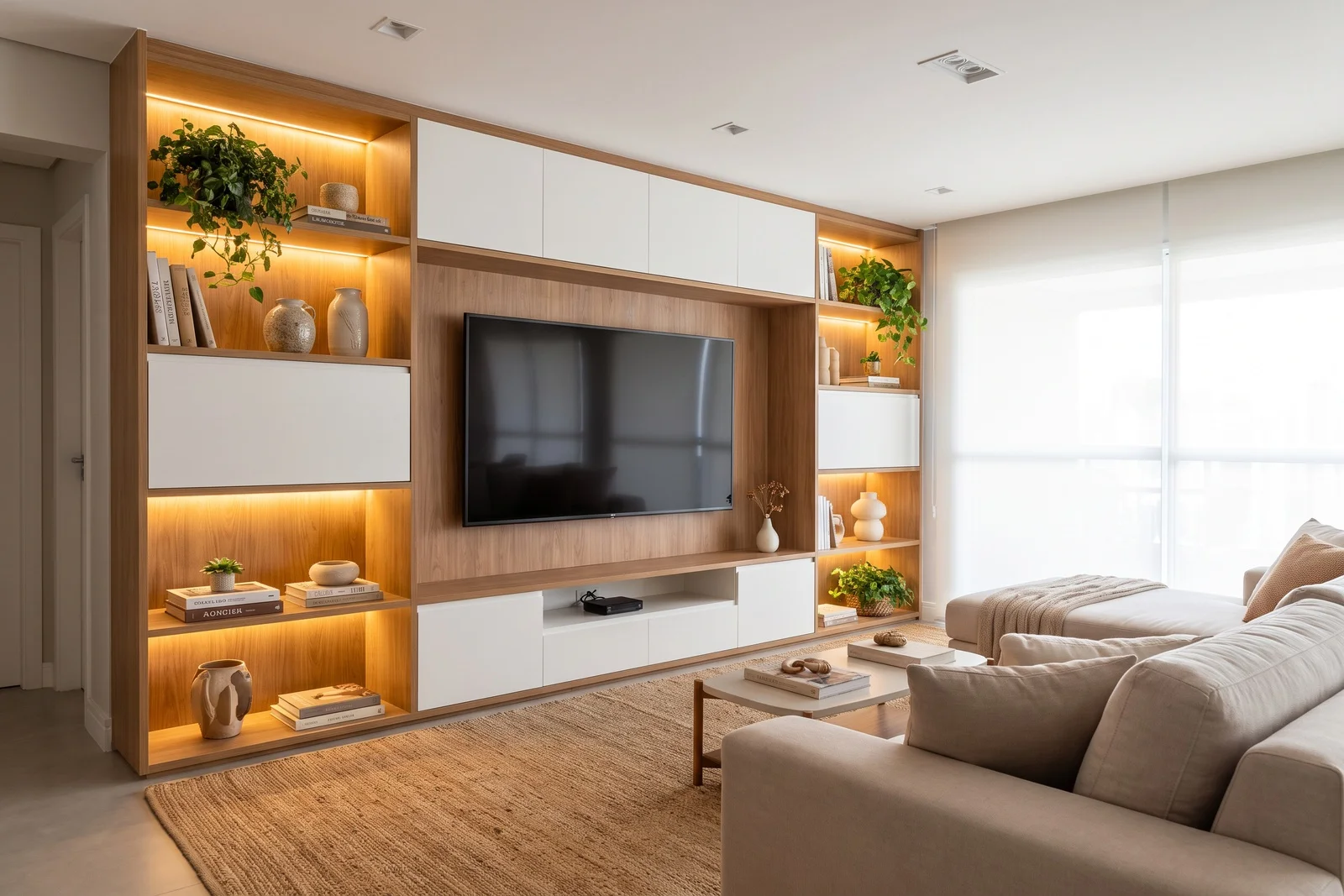 painel de tv sob medida em madeira, projeto Moveleiros