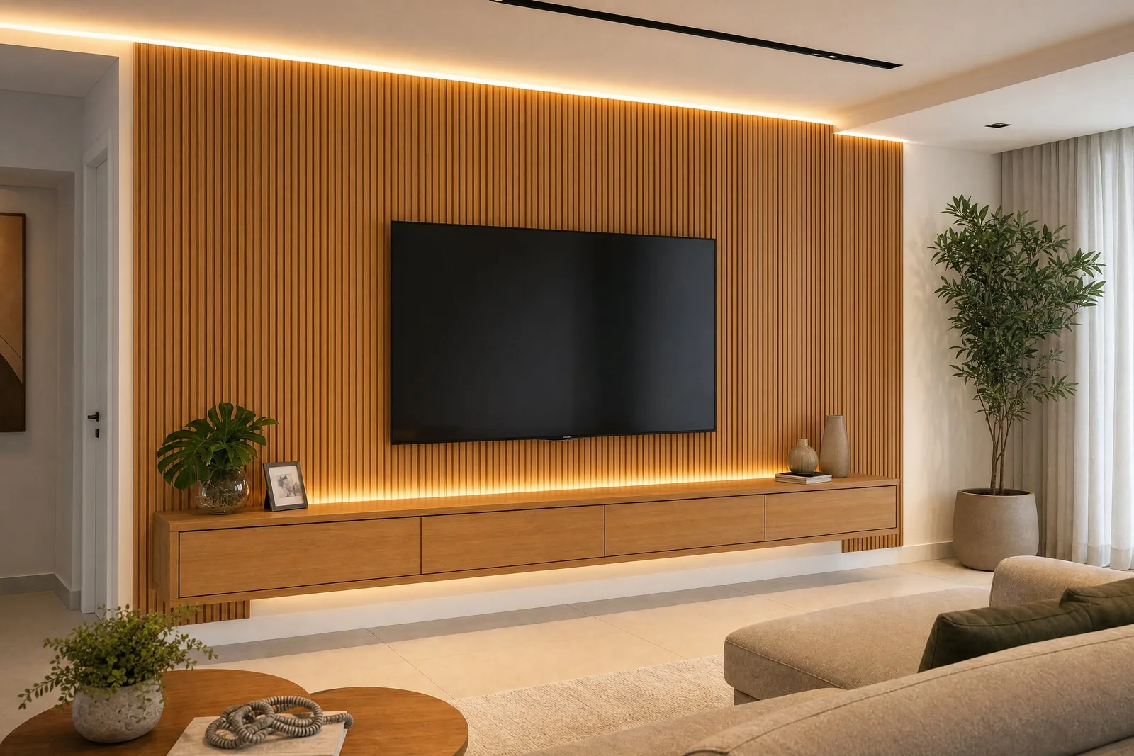 Painel para TV Planejado em madeira, projeto Moveleiros