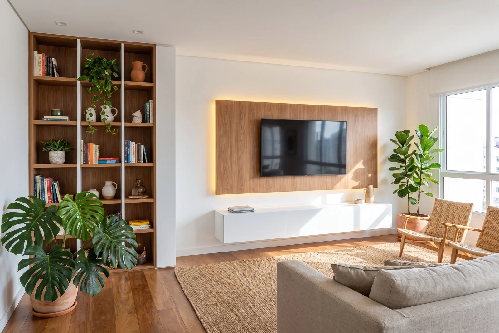 planejado sala em madeira, projeto Moveleiros