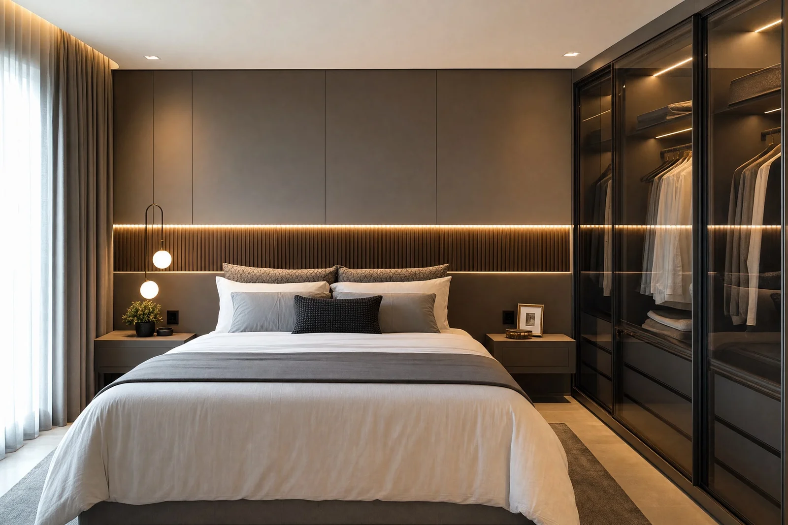 quarto casal planejado moderno em madeira, projeto Moveleiros