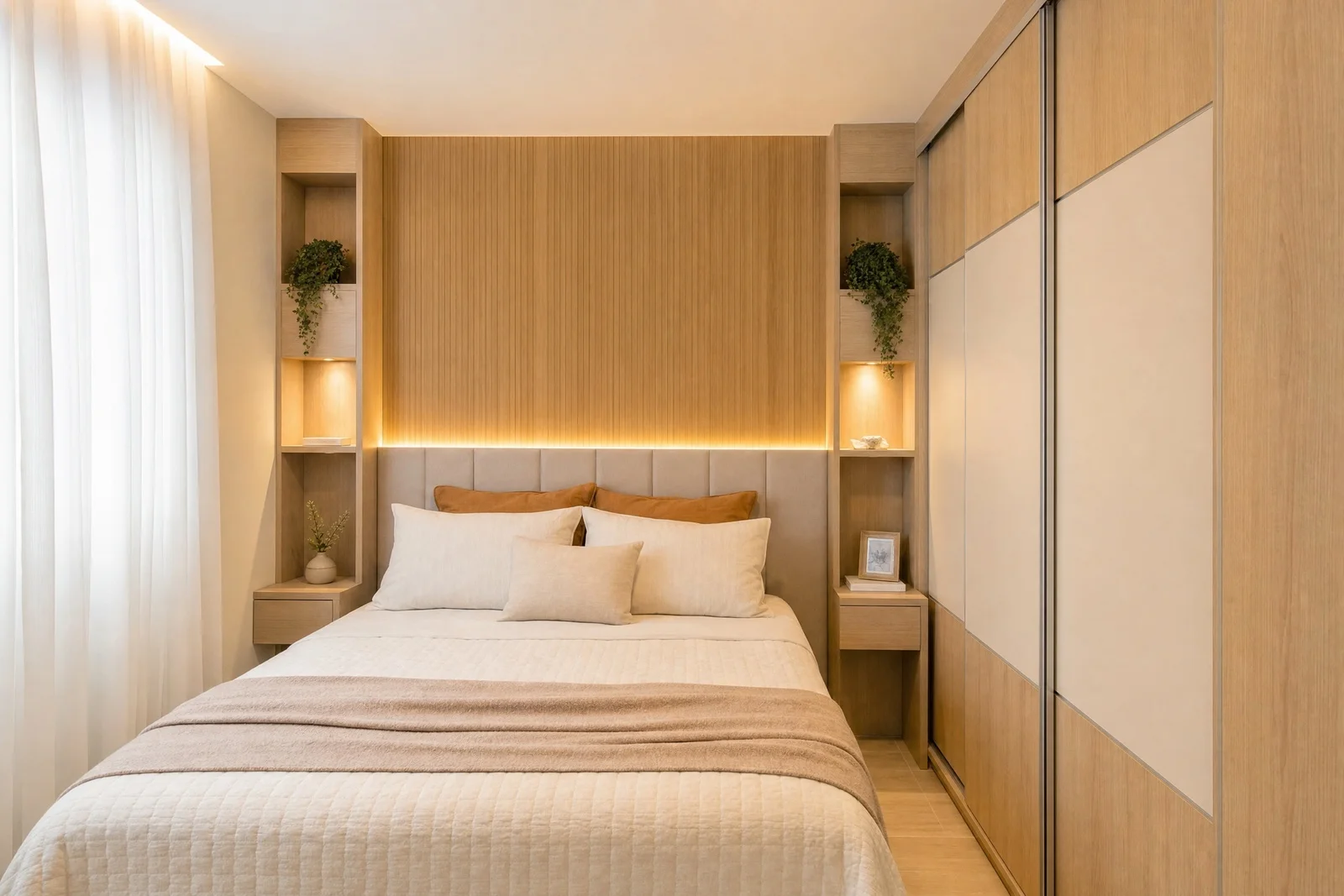 quarto de casal pequeno planejado em madeira, projeto Moveleiros