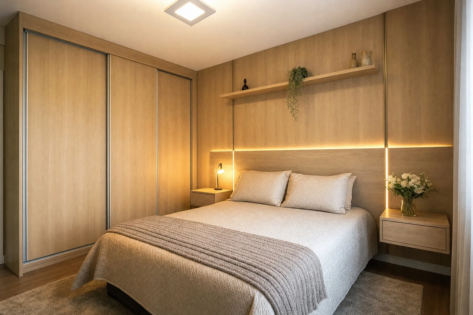 quarto planejado casal simples em madeira, projeto Moveleiros