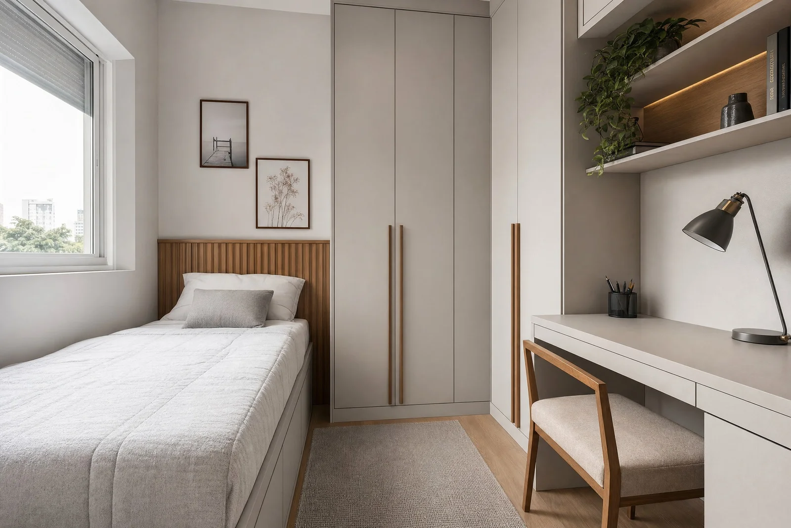 quarto planejado solteiro pequeno em madeira, projeto Moveleiros